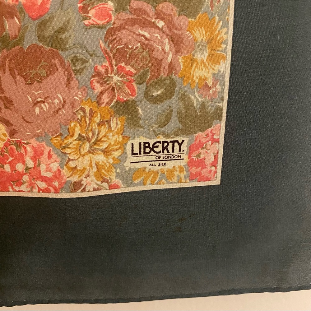 Liberty of London Floral Border Silk Scarf in Olive, Pink & Mustard 34”x34” - Picture 3 of 4